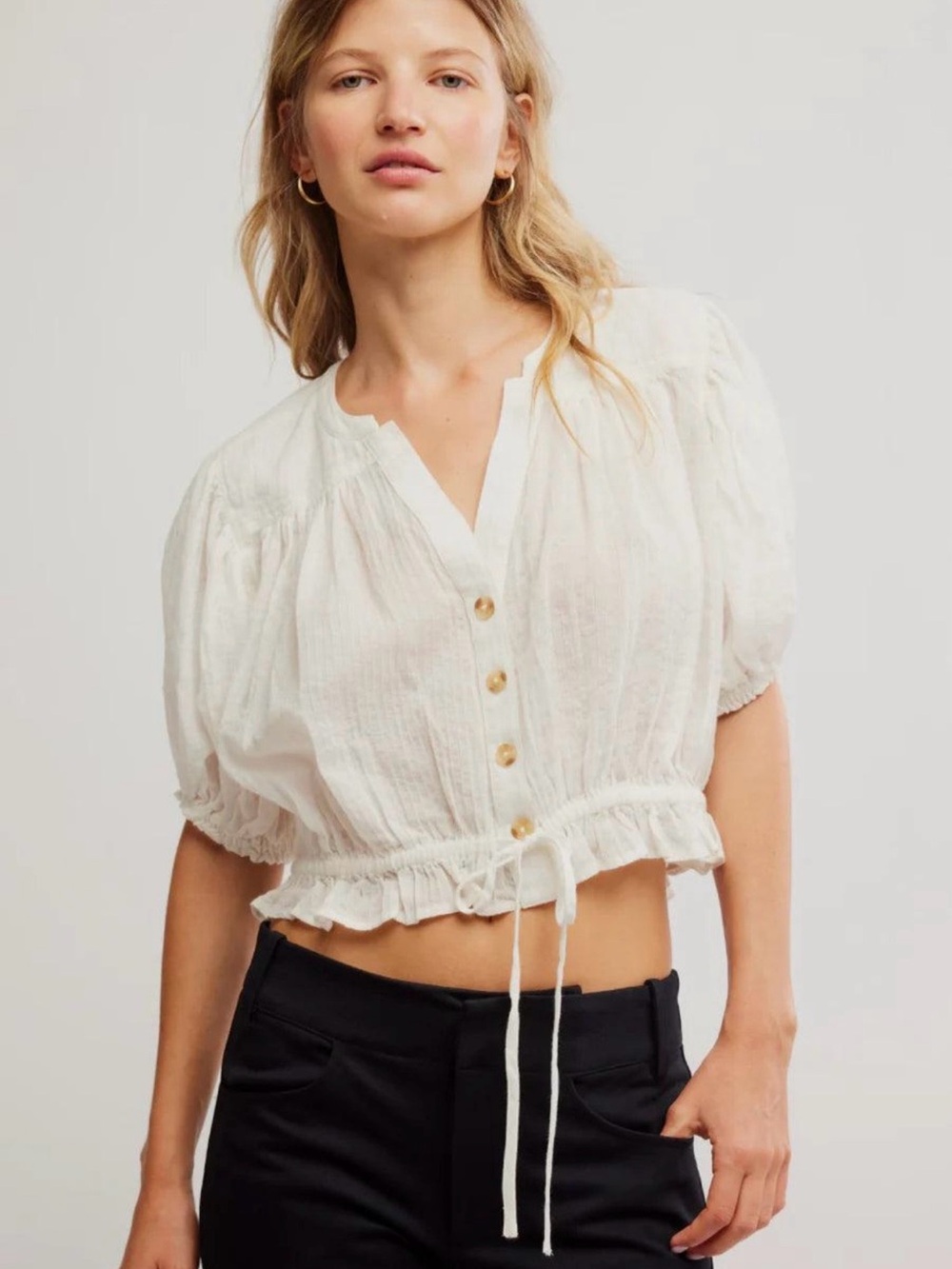 Free People Little Cloud Shirt Clean Ivory Puff Sleeve Top Size Small